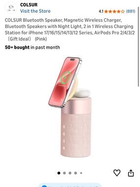 Pink 2-in-1 Bluetooth Speaker with Magnetic Wireless Charger, nightlight